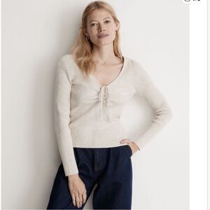 NWT Madewell L Riverbend Cinched Pullover Sweater L Heather Stone Ribbed Vneck